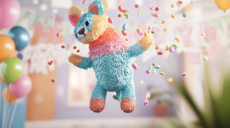 Colorful pinata bursting with candies at festive celebration, AI generatedの素材