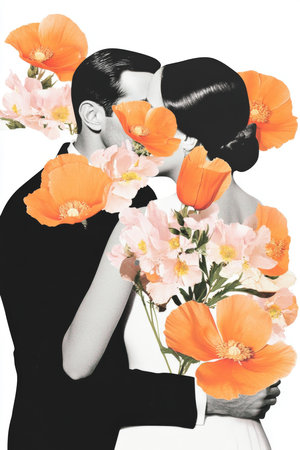 Romantic collage of kissing couple surrounded by vibrant flowers, conceptual, AI generatedの素材