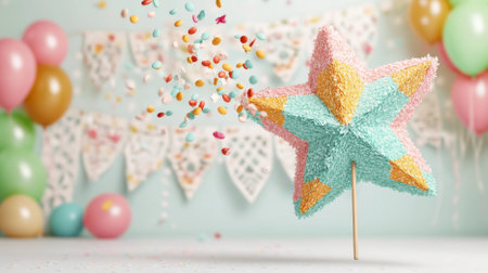 Festive pinata star with candy explosion and balloons in background, AI generatedの素材