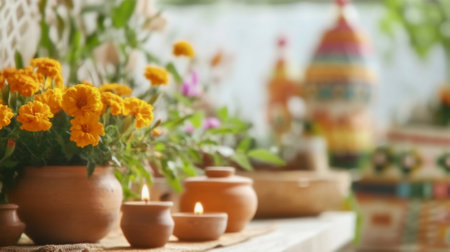 Dia de los Muertos vibrant marigold and pottery display with candles, background, AI Generatedの素材
