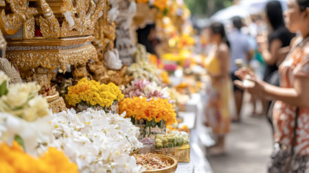 Songkran street celebration with people, colorful flowers and festive flags outdoors, AI Generatedの素材