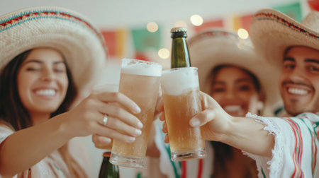 Friends celebrating Cinco de Mayo with drinks and joy outdoors, AI generatedの素材