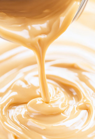 Creamy caramel sauce close-up swirling background, ideal for dessert concepts, AI Generatedの素材