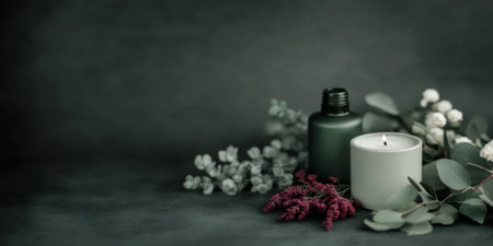 Spa concept background with candles, greenery, and flowers for relaxation, AI generatedの素材