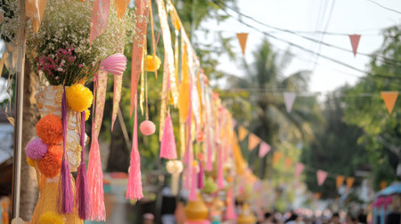 Songkran street celebration with people, colorful flowers and festive flags outdoors, AI Generatedの素材