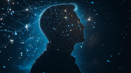 Double exposure of male medical researcher with network pattern, AI generatedの素材