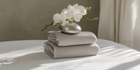 Spa concept background with white orchid on folded towels, relaxing and serene, AI generatedの素材