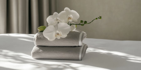 Spa concept background with white orchid on folded towels, relaxing and serene, AI generatedの素材