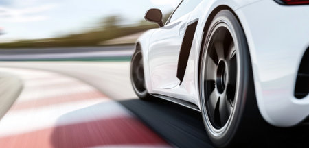 Close-up of front wheel and car body driving on scenic road, AI generatedの素材