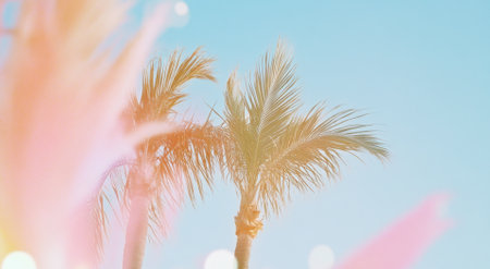 Blurry palm trees against a bright sky, creating a dreamy background, AI generatedの素材