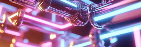 Interconnected glowing AI-inspired neon pipes creating futuristic background, AI Generatedの素材