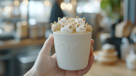 Cup of cappuccino with cat-shaped marshmallows as decoration, AI generatedの素材