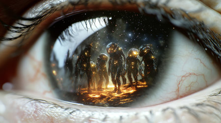 Human eye reflecting alien invasion scene, conceptual and surreal, sci-fi background, AI Generatedの素材