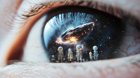 Closeup of human eye reflecting group of aliens invasion spaceship, background, AI Generatedの素材