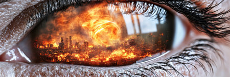 Apocalyptic city reflecting in close-up human eye illustrating destruction, AI Generatedの素材