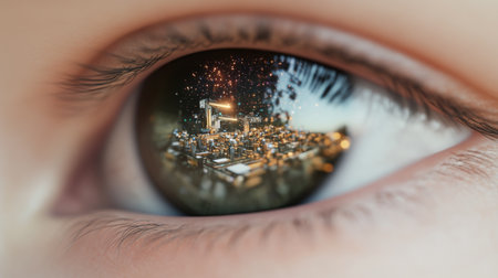 Closeup human eye reflecting robotic production with advanced technology concept, AI generatedの素材