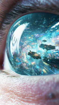Futuristic cityscape reflected in human eye, showcasing spaceships and vibrant city lights, AI Generatedの素材