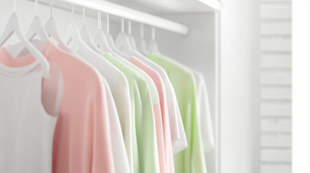 Light pastel clothes on rail, soft colors and minimal design background, AI generatedの素材
