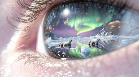 Closeup human eye reflecting Northern lights with polar bears in icy landscape, AI generatedの素材