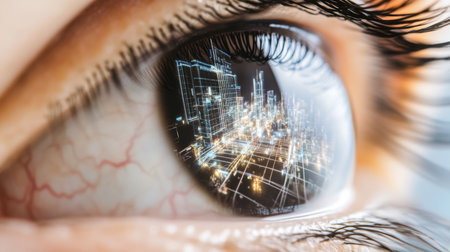 Human eye reflecting digital matrix concept, detailed closeup view, AI generatedの素材