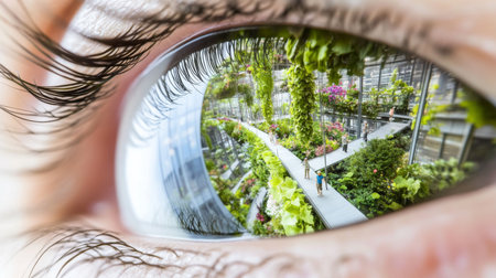 Eye reflecting green futuristic cityscape and people exploring botanical path, AI generatedの素材