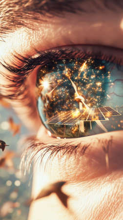 Closeup human eye reflecting fire, solar panels, and wind turbines, concept of AI Generatedの素材
