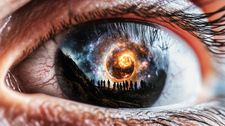 Apocalyptic scene in human eye closeup reflecting massive fire and sun, AI generatedの素材