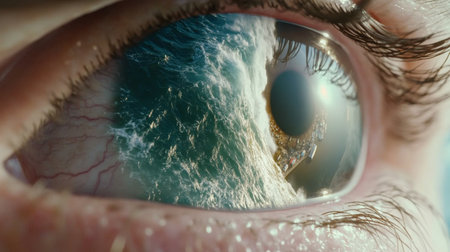 Human eye reflecting giant tsunami wave in apocalyptic scene, conceptual, AI generatedの素材