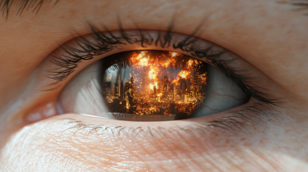 Apocalyptic city reflecting in close-up human eye illustrating destruction, AI Generatedの素材