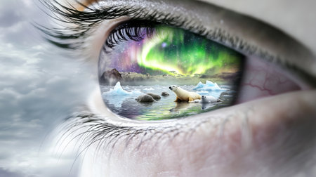 Closeup human eye reflecting Northern lights with polar bears in icy landscape, AI generatedの素材