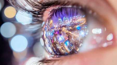 Closeup human eye reflecting night neon lights cityscape, AI generatedの素材