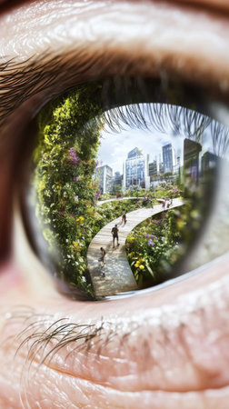 Eye reflecting green futuristic cityscape and people exploring botanical path, AI generatedの素材