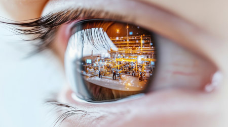 Closeup human eye reflecting robotic production with advanced technology concept, AI generatedの素材