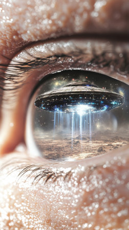 Closeup of human eye reflecting group of alien spaceships invading, conceptual background, AI Generatedの素材