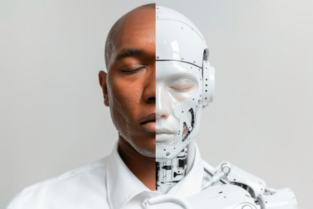 Split screen showing middle age black man and cyborg face, AI generatedの素材