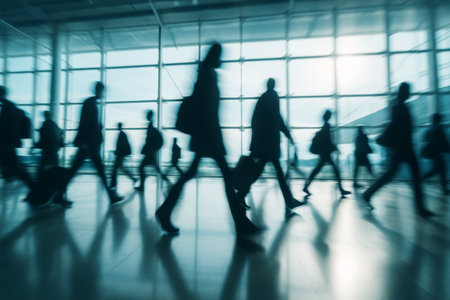 Business people walking in modern office building with motion blur effect, AI generatedの素材