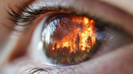 Closeup human eye reflecting apocalyptically massive fire destroyed forest, AI generatedの素材