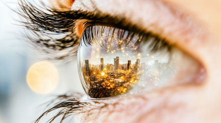 Closeup of human eye reflecting vibrant night city view, conceptual background, AI generatedの素材