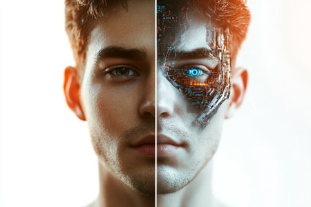 Split screen of mans face and cyborg concept, showcasing future technology, AI Generatedの素材