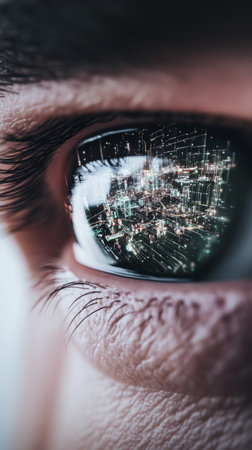 Human eye reflecting digital matrix concept, detailed closeup view, AI generatedの素材