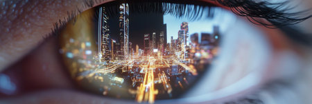 Closeup of human eye reflecting vibrant night city view, conceptual background, AI generatedの素材