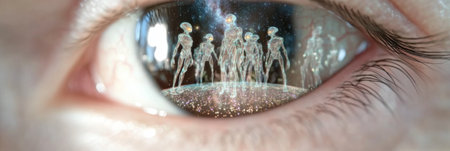 Human eye reflecting alien invasion scene, conceptual and surreal, sci-fi background, AI Generatedの素材