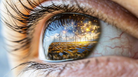 Closeup human eye reflecting fire, solar panels, and wind turbines, concept of AI Generatedの素材