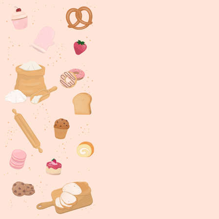 Bakery products on pastel background, banner, poster, or packaging with space for copy text.のイラスト素材