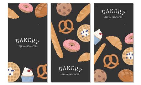 Set of bakery brochure. Design with bread, pastry, cupcake, donut, cookie, croissant, pancake on black background.のイラスト素材
