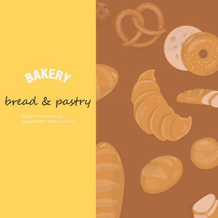 Bakery bread and pastry poster or template with brown and yellow background.のイラスト素材