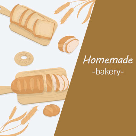 Homemade bakery template design with bread and wheat, bakery card hand-drawn style.のイラスト素材