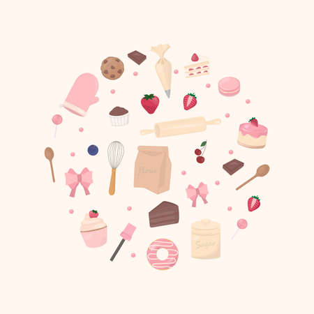 Sweet banner kitchen equipment, ingredients, and baked goods with dessert. hand-drawn style.のイラスト素材