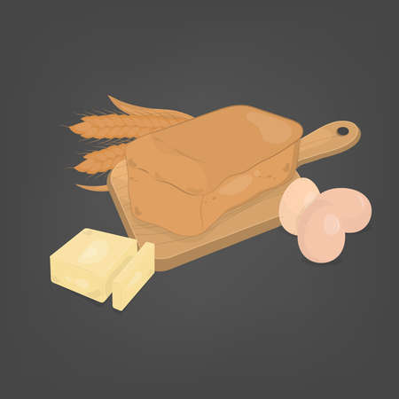 Loaf bread on a cutting board with eggs, butter, and wheat. Blackboard background.のイラスト素材