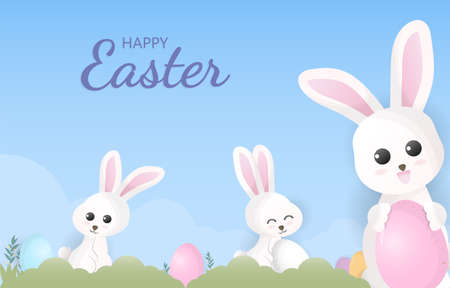 White bunnies and easter egg with a blue sky background. Happy Easter concept, cartoon style.のイラスト素材